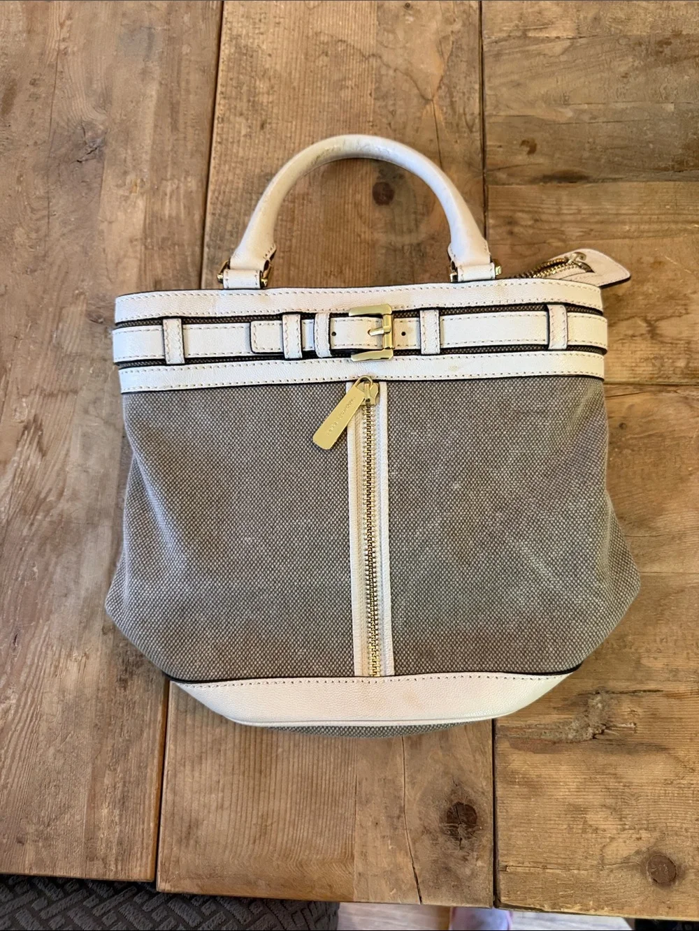 Michael Kors Beige Canvas Shoulder Bag with White Leather Trim